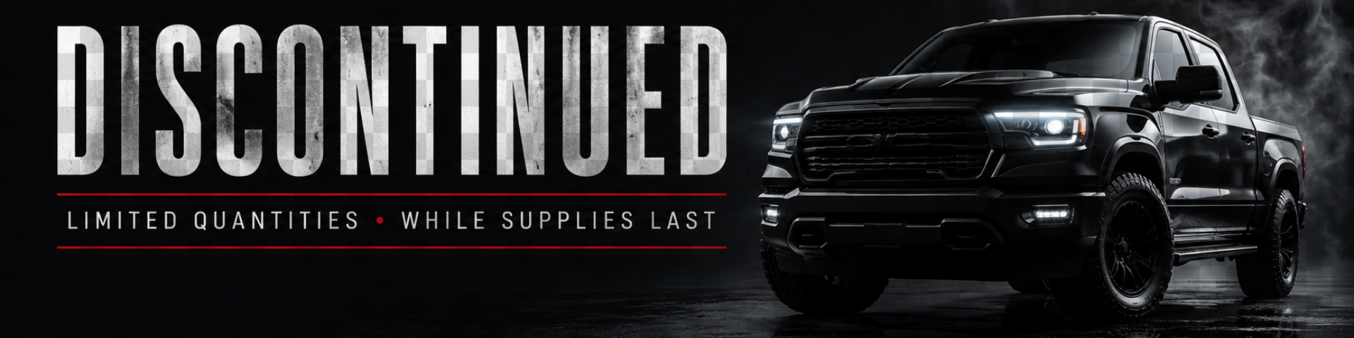 Discontinued automotive accessories category banner with a black pickup truck on a dark background.