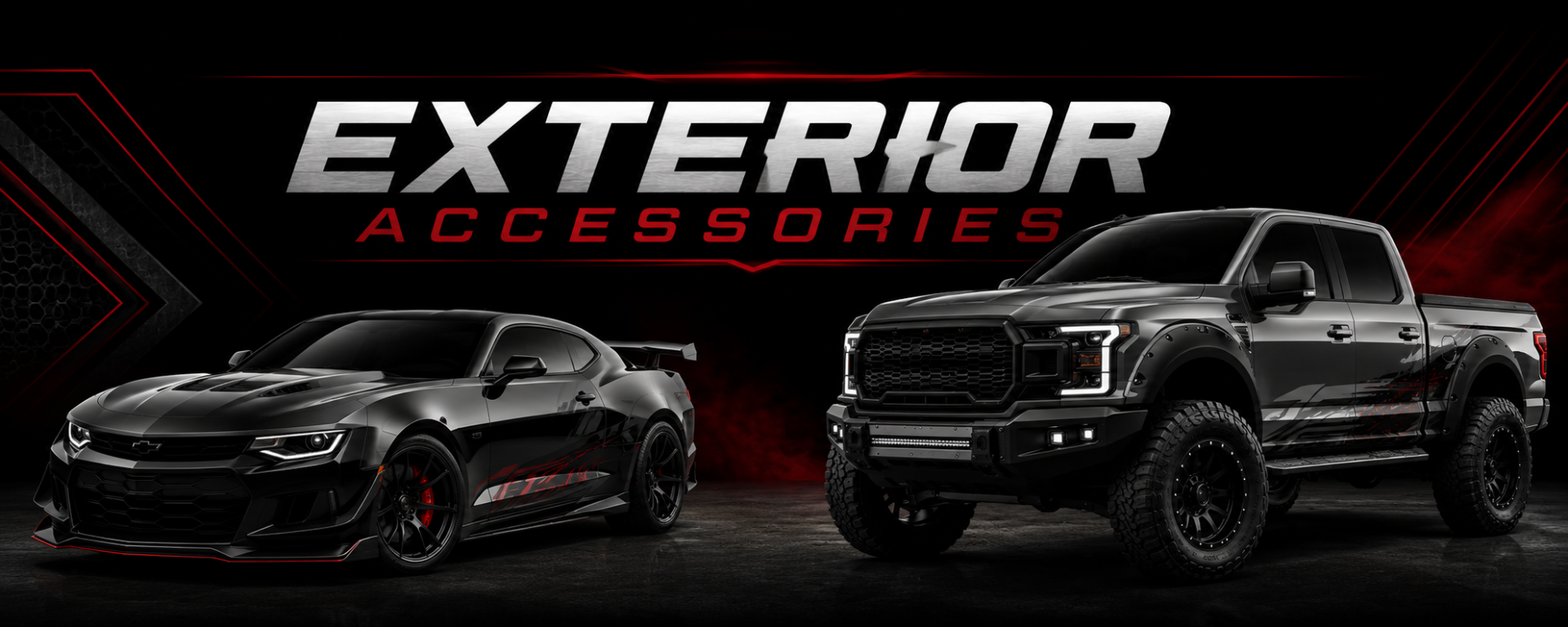 Exterior Accessories category banner featuring a modified sports car and lifted pickup truck on a black background with the text