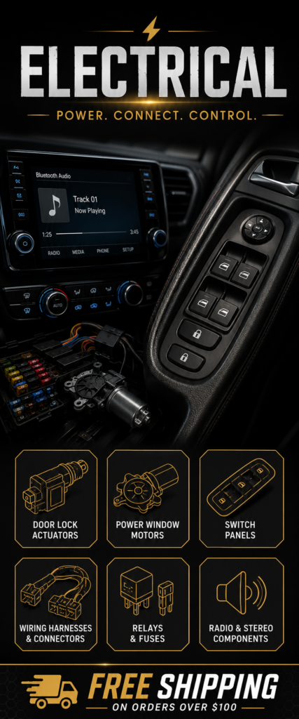 Electrical category banner featuring automotive power window switches, door lock controls, car stereo, wiring, relays, fuses, door lock actuators, and power window motors on a dark background.