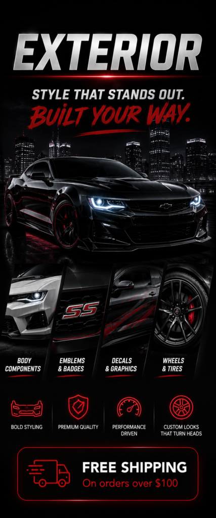 Stylin Werkz Exterior Department promotional panel featuring a customized sports car with aftermarket body styling, wheels, and nighttime city backdrop.