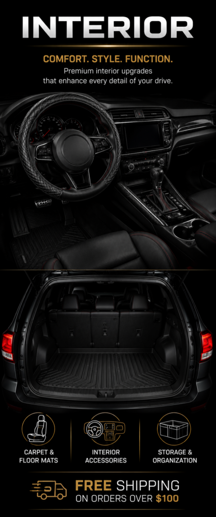 Stylin Werkz Interior department banner featuring premium automotive interior accessories including a steering wheel cover, carbon fiber dash trim, all-weather floor mats, and an SUV cargo liner.