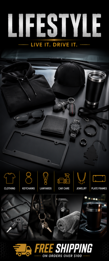 Lifestyle department navigation graphic featuring automotive apparel, drinkware, keychains, lanyards, car care accessories, jewelry, and license plate frames displayed on a dark vehicle-themed background with a free shipping promotion.