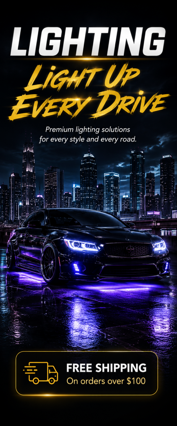 Lighting Department promotional panel featuring a lowered sports car with LED headlights and underbody lighting in front of a nighttime city skyline.