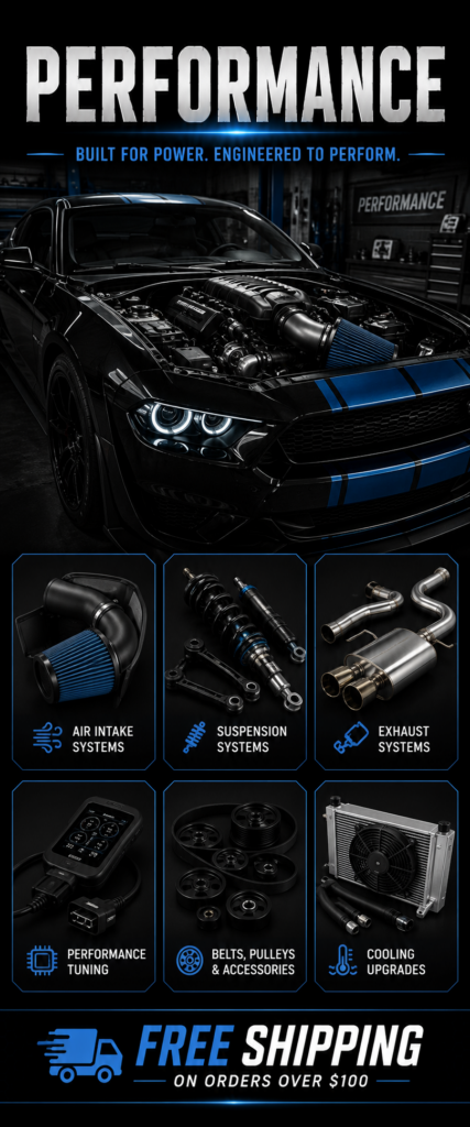 Performance department banner featuring a high-performance vehicle with aftermarket air intake system and icons representing performance upgrades including air intake systems, suspension components, exhaust systems, performance tuning, belts and pulleys, and cooling upgrades.