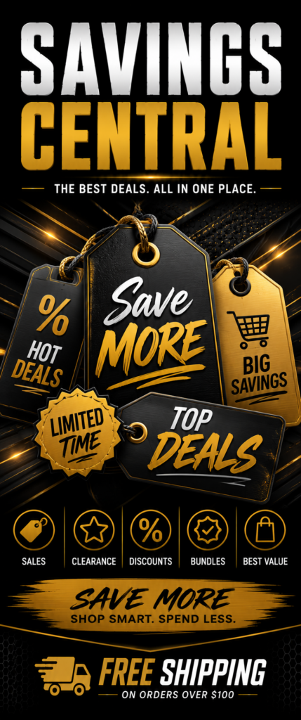Savings Central navigation graphic featuring black and gold sale tags, discount graphics, shopping icons, and a free shipping promotion on a dark background.