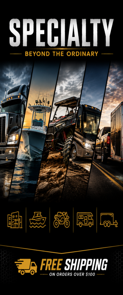 Specialty department navigation graphic featuring commercial, marine, powersports, RV, and towing vehicle imagery with a dark background and free shipping promotion.