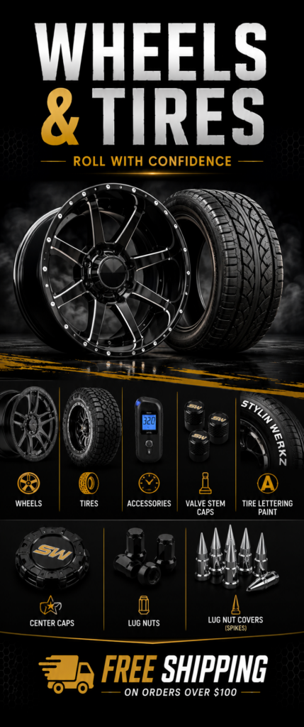 Wheels & Tires department navigation graphic featuring aftermarket wheels, performance tires, tire accessories, valve stem caps, center caps, lug nuts, spike lug nut covers, and a free shipping promotion on a dark background.