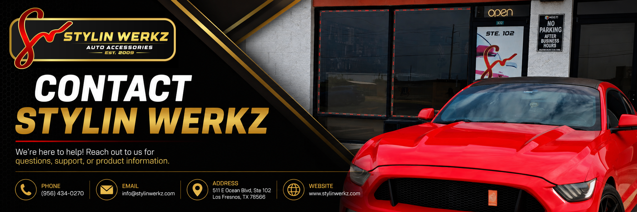 Front entrance of Stylin Werkz Auto Accessories retail store in Los Fresnos, Texas, specializing in LED lighting, vehicle accessories, emblems, decals, and truck accessories.