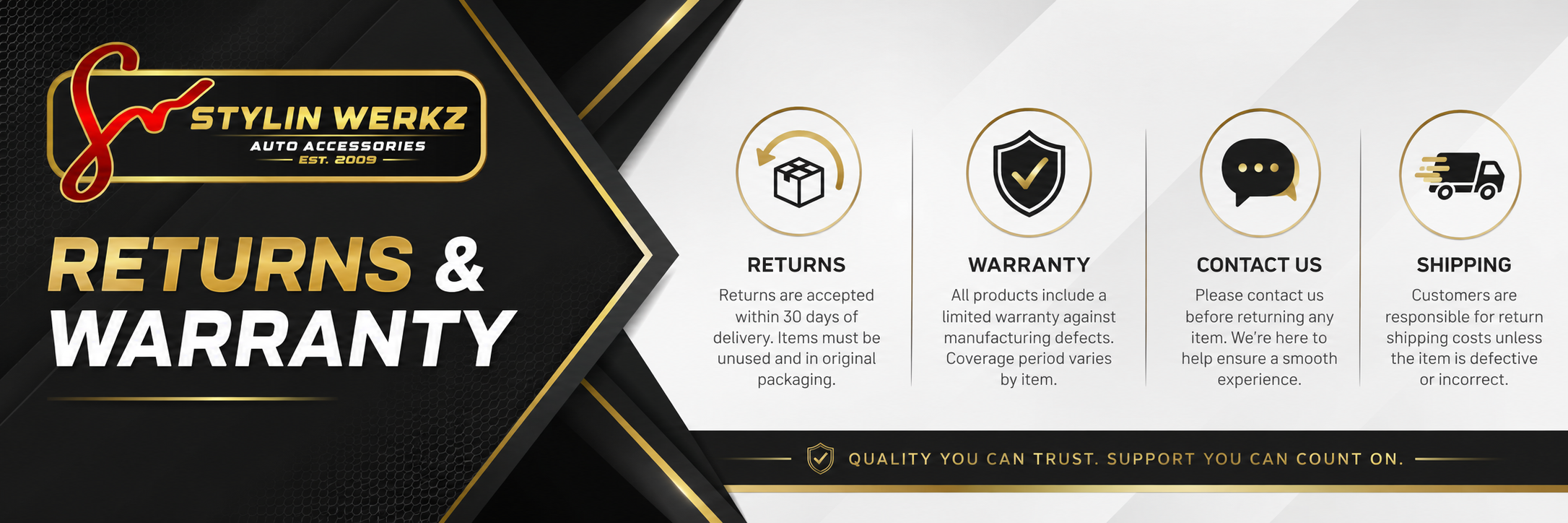 Returns and warranty information graphic featuring package return, warranty protection, customer support, and shipping policy icons for automotive accessories.