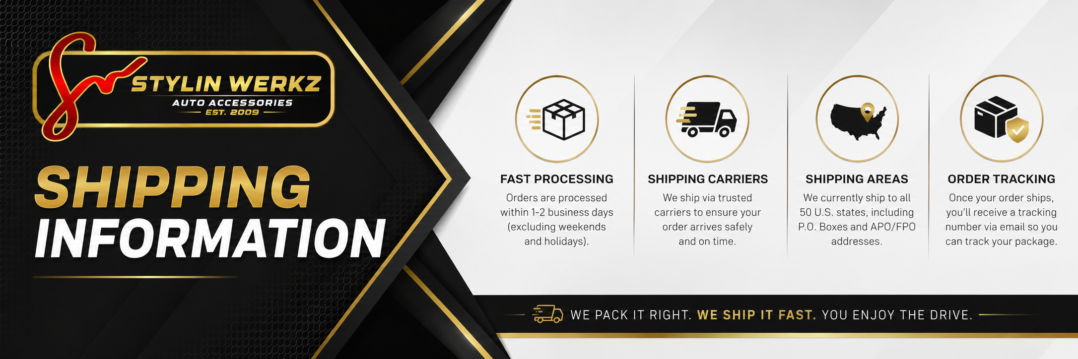 Shipping information graphic showing order processing, package shipping, delivery tracking, and shipping service details for automotive accessories.