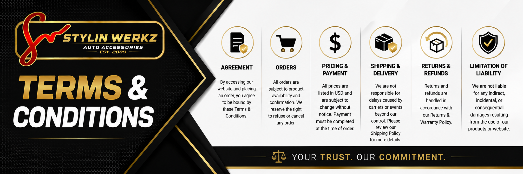 Terms & Conditions graphic outlining website policies, ordering terms, pricing, shipping, returns, and customer responsibilities for Stylin Werkz Auto Accessories.